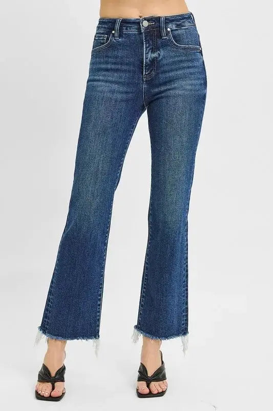 RISEN Tummy Control High Rise Crop Straight Raw Hem Jeans - Love Salve